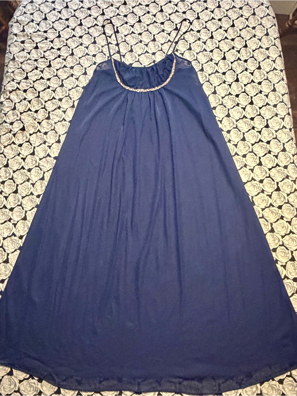 Blue Maxi Nightgown S Vintage 60s 70s Duchess Floral Dress Coquette Navy Small